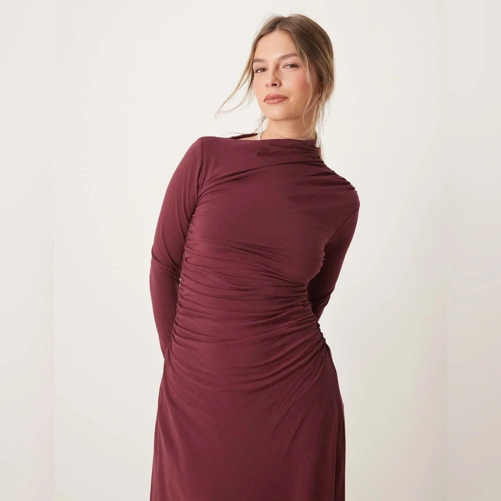NWOT Abercrombie & Fitch High Neck Ruched Wrap Maxi Dress Wine Sz S
